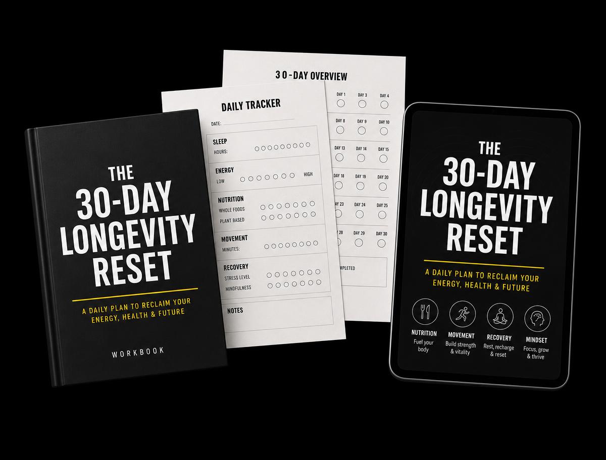 The 30-Day Longevity Reset workbook, printable tracking sheets and tablet edition